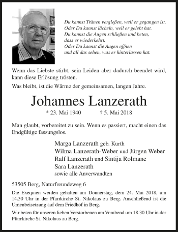 Anzeige von Johannes Lanzerath von  Schaufenster/Blickpunkt am Wochenende 