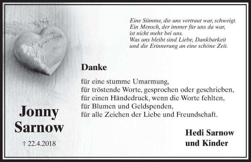  Traueranzeige für Jonny Sarnow vom 19.05.2018 aus  Sonntags-Post 
