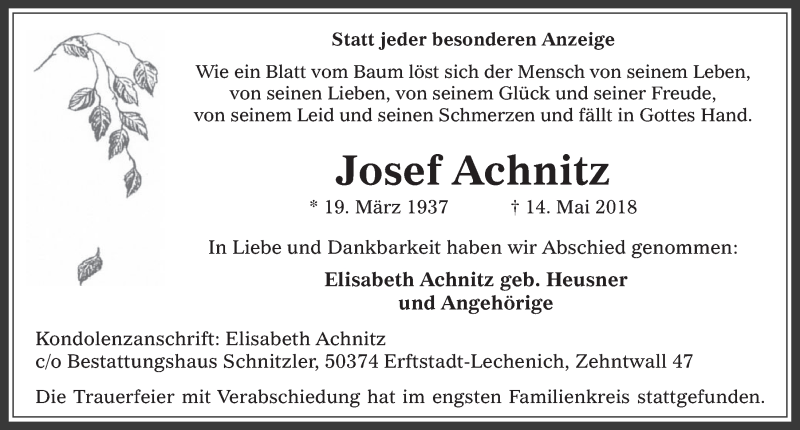  Traueranzeige für Josef Achnitz vom 23.05.2018 aus  Werbepost 