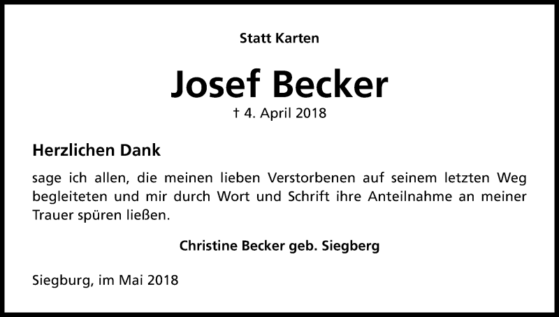  Traueranzeige für Josef Becker vom 05.05.2018 aus Kölner Stadt-Anzeiger / Kölnische Rundschau / Express