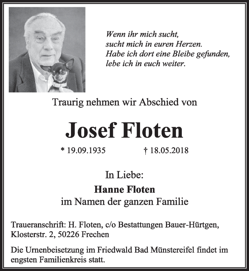  Traueranzeige für Josef Floten vom 26.05.2018 aus  Sonntags-Post 