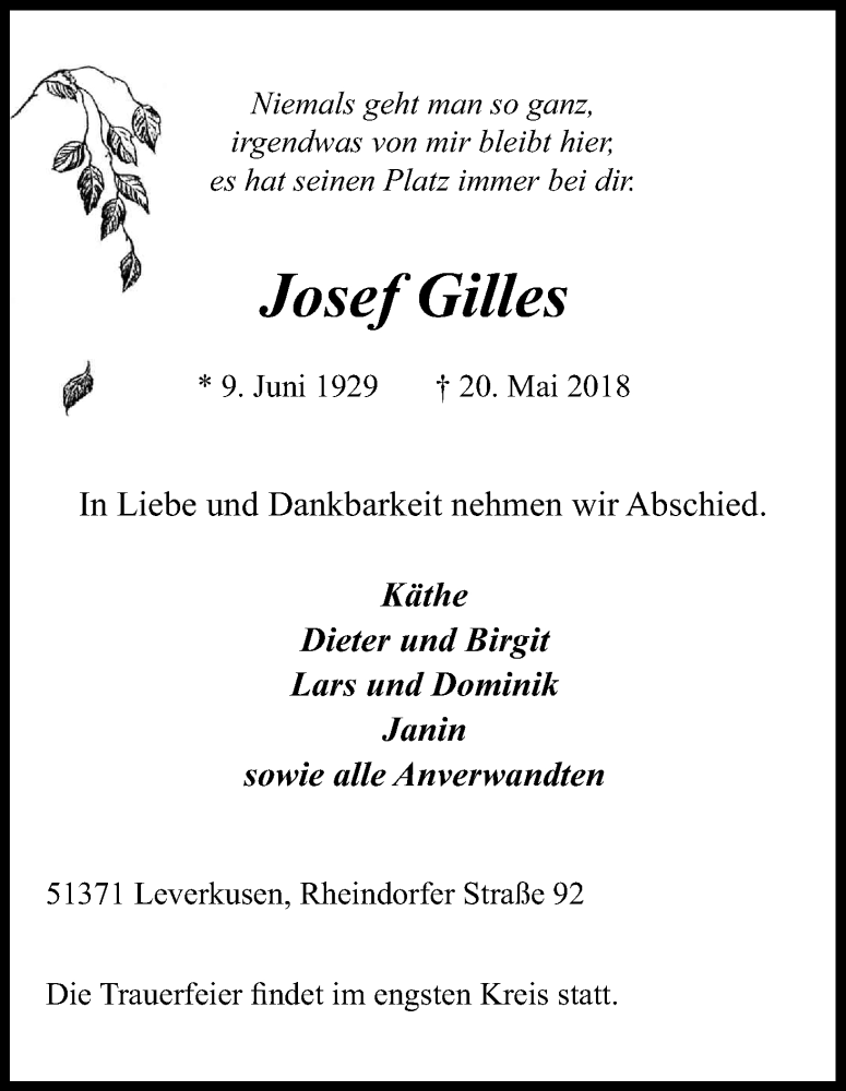 Traueranzeige für Josef Gilles vom 24.05.2018 aus Kölner Stadt-Anzeiger / Kölnische Rundschau / Express