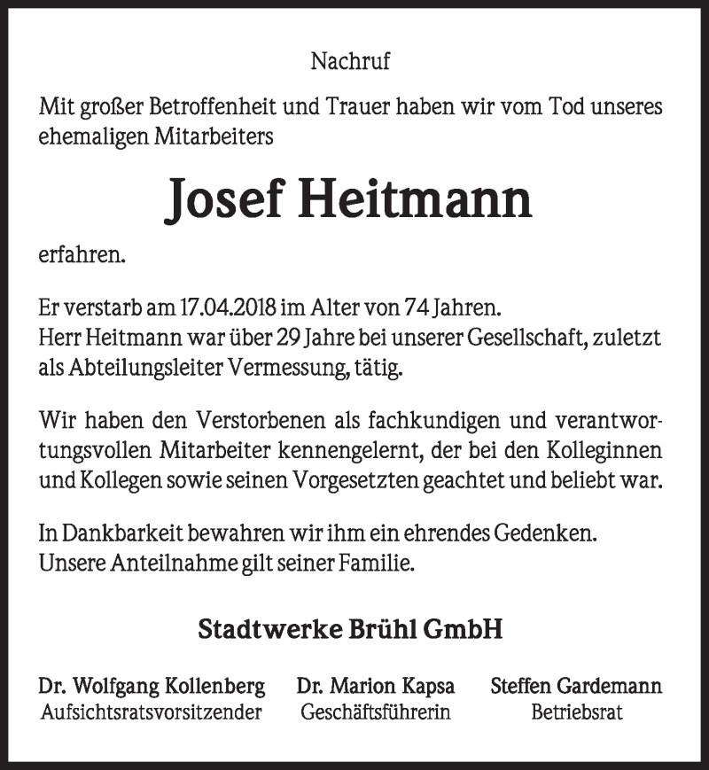  Traueranzeige für Josef Heitmann vom 02.05.2018 aus  Schlossbote/Werbekurier 