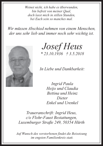 Anzeige von Josef Heus von  Wochenende 