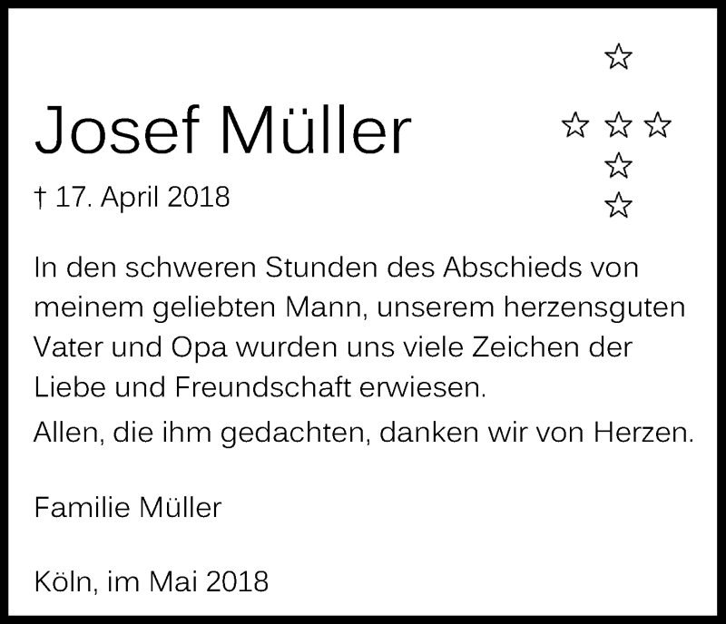  Traueranzeige für Josef Müller vom 19.05.2018 aus Kölner Stadt-Anzeiger / Kölnische Rundschau / Express