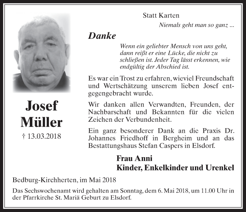  Traueranzeige für Josef Müller vom 02.05.2018 aus  Werbepost 