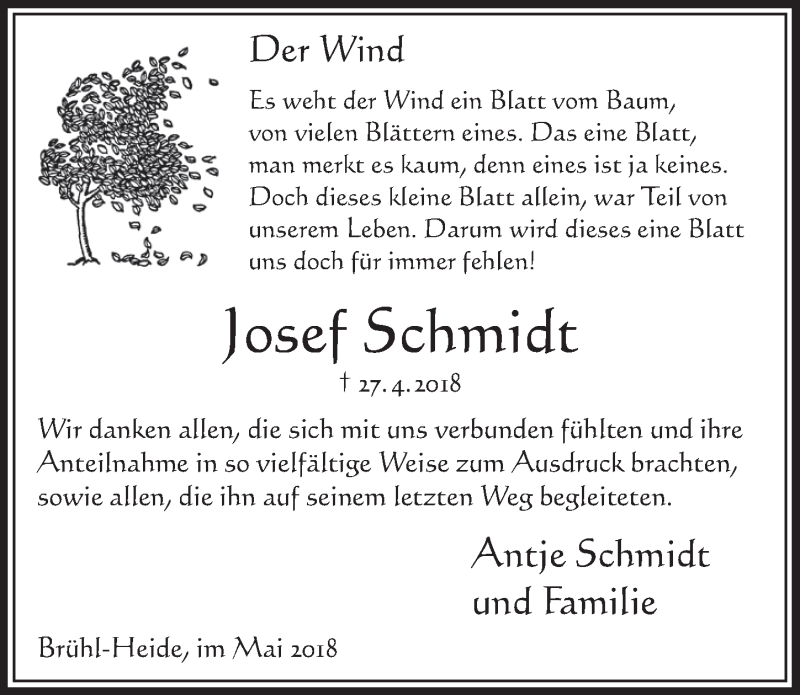  Traueranzeige für Josef Schmidt vom 30.05.2018 aus  Schlossbote/Werbekurier 
