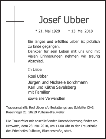 Anzeige von Josef Ubber von  Sonntags-Post 