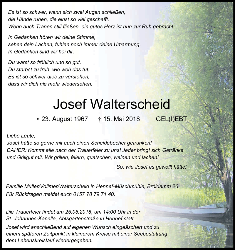  Traueranzeige für Josef Walterscheid vom 19.05.2018 aus Kölner Stadt-Anzeiger / Kölnische Rundschau / Express