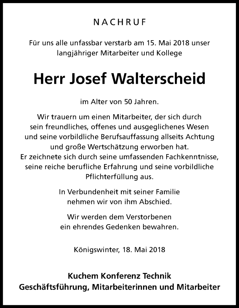 Traueranzeige für Josef Walterscheid vom 19.05.2018 aus Kölner Stadt-Anzeiger / Kölnische Rundschau / Express