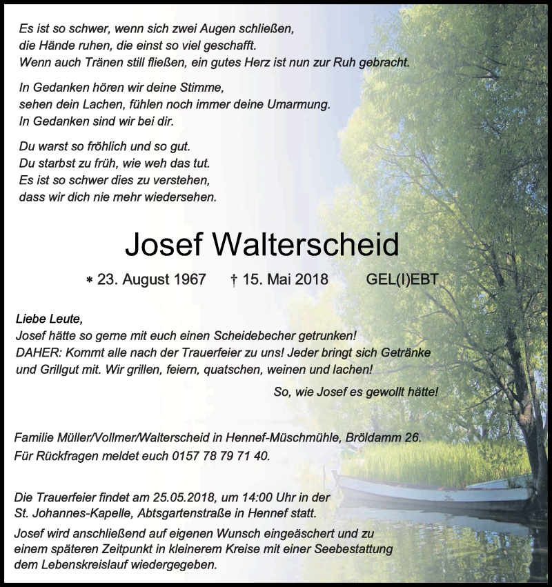  Traueranzeige für Josef Walterscheid vom 19.05.2018 aus Kölner Stadt-Anzeiger / Kölnische Rundschau / Express