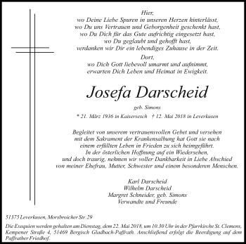 Anzeige von Josefa Darscheid von Kölner Stadt-Anzeiger / Kölnische Rundschau / Express