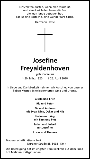 Anzeige von Josefine Freyaltenhoven von Kölner Stadt-Anzeiger / Kölnische Rundschau / Express