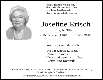 Anzeige von Josefine Krisch von Kölner Stadt-Anzeiger / Kölnische Rundschau / Express