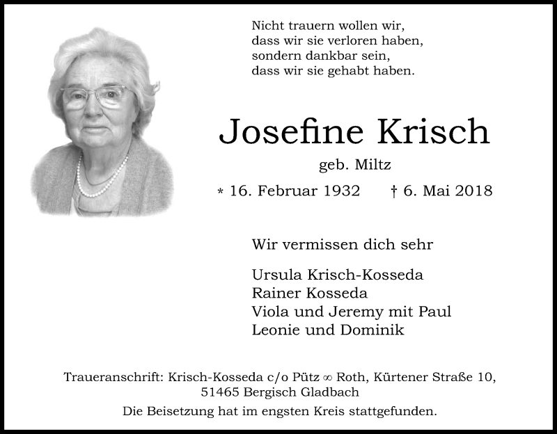  Traueranzeige für Josefine Krisch vom 26.05.2018 aus Kölner Stadt-Anzeiger / Kölnische Rundschau / Express