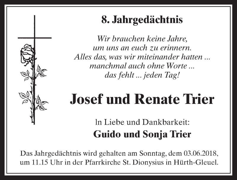  Traueranzeige für Josef und Renate Trier  vom 30.05.2018 aus  Wochenende 