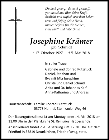 Anzeige von Josephine Krämer von Kölner Stadt-Anzeiger / Kölnische Rundschau / Express