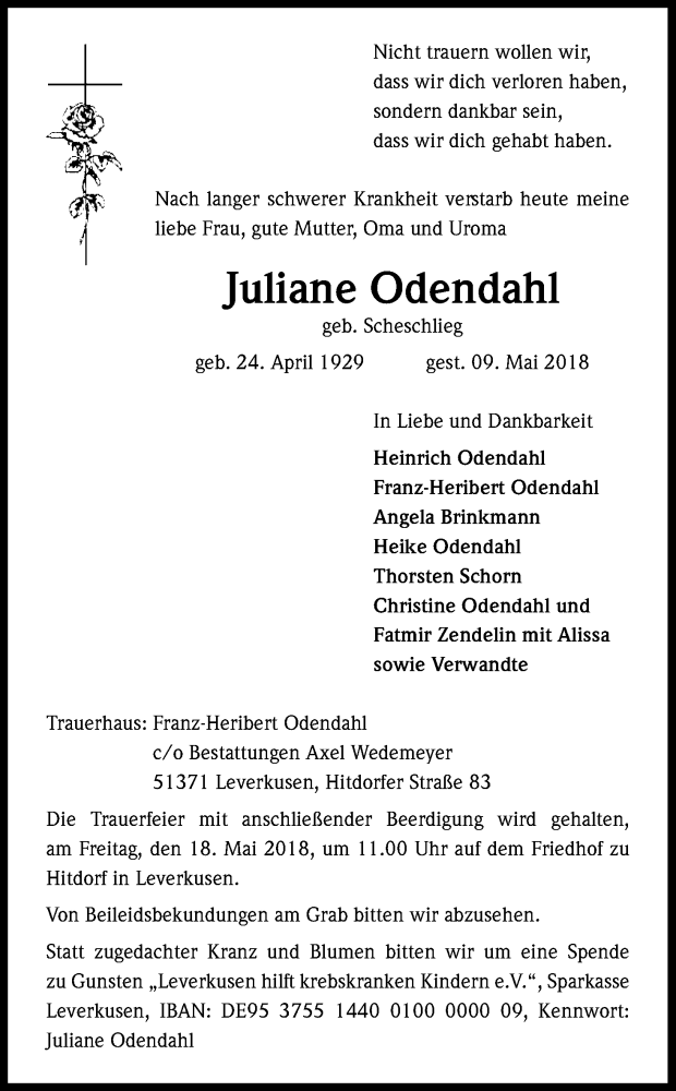  Traueranzeige für Juliane Odendahl vom 16.05.2018 aus Kölner Stadt-Anzeiger / Kölnische Rundschau / Express