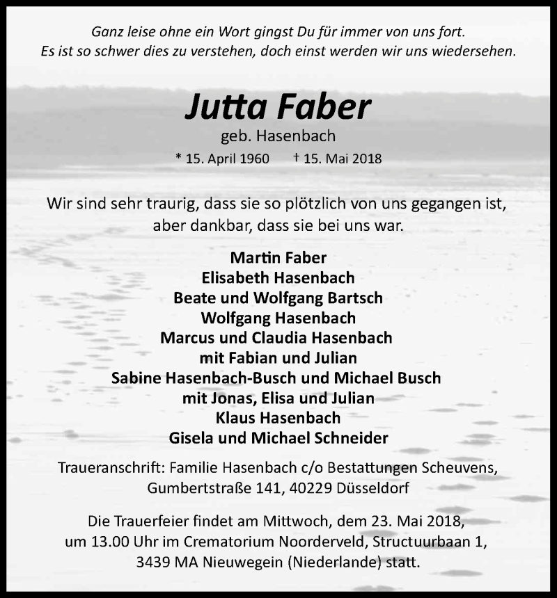  Traueranzeige für Jutta Faber vom 19.05.2018 aus Kölner Stadt-Anzeiger / Kölnische Rundschau / Express