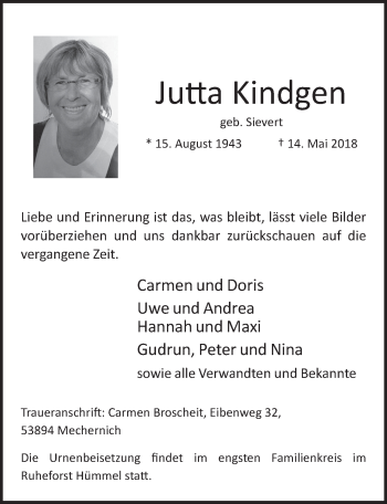 Anzeige von Jutta Kindgen von  Werbepost 