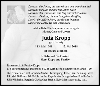 Anzeige von Jutta Kropp von Kölner Stadt-Anzeiger / Kölnische Rundschau / Express