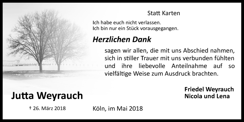  Traueranzeige für Jutta Weyrauch vom 16.05.2018 aus  Kölner Wochenspiegel 