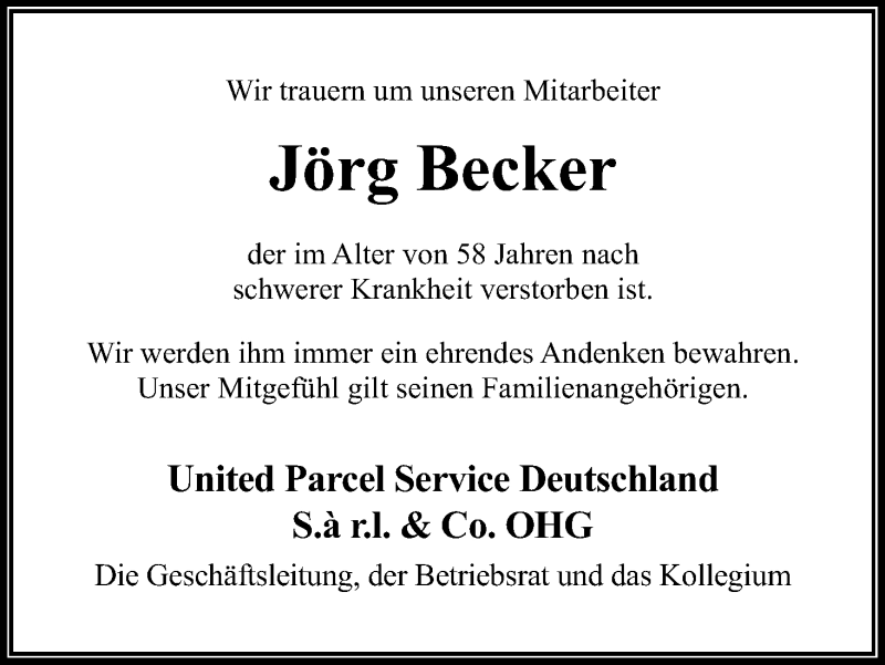  Traueranzeige für Jörg Becker vom 12.05.2018 aus Kölner Stadt-Anzeiger / Kölnische Rundschau / Express