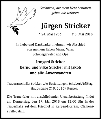 Anzeige von Jürgen Stricker von Kölner Stadt-Anzeiger / Kölnische Rundschau / Express