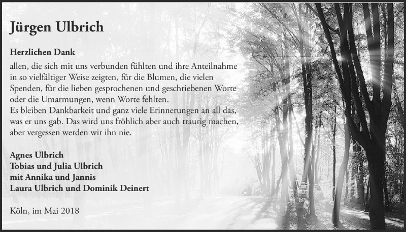  Traueranzeige für Jürgen Ulbrich vom 23.05.2018 aus  Kölner Wochenspiegel 