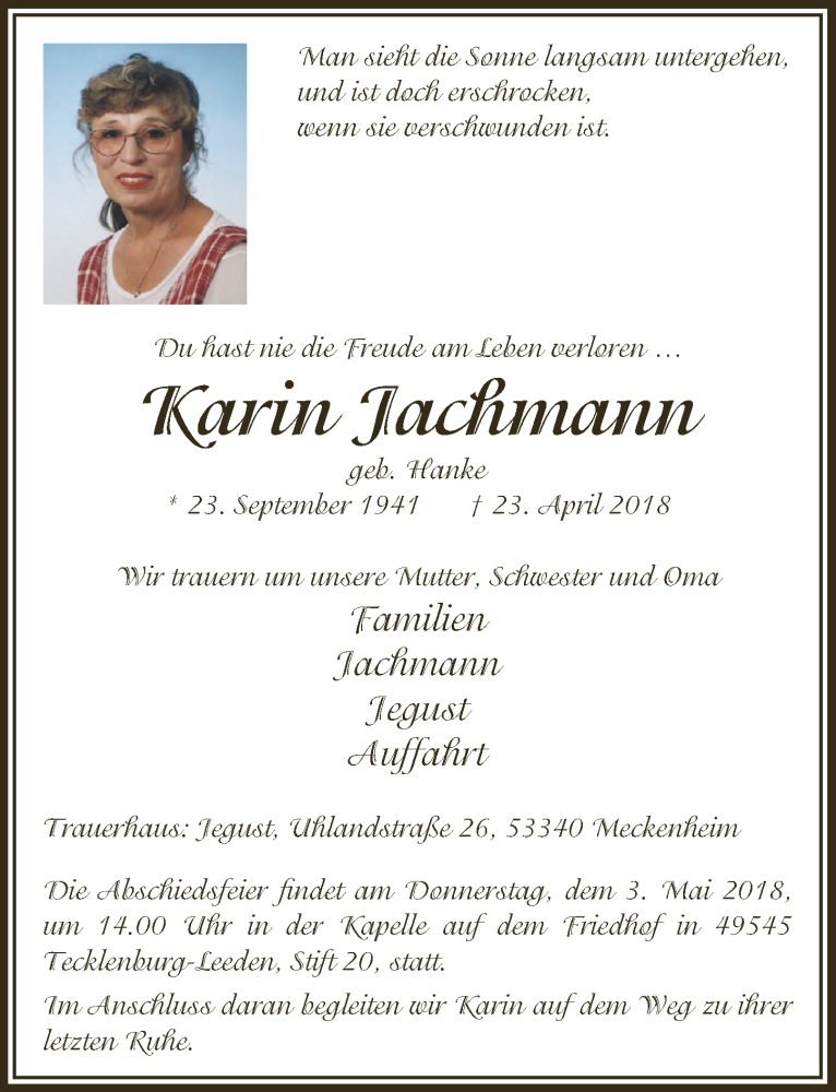  Traueranzeige für Karin Jachmann vom 02.05.2018 aus  Schlossbote/Werbekurier 