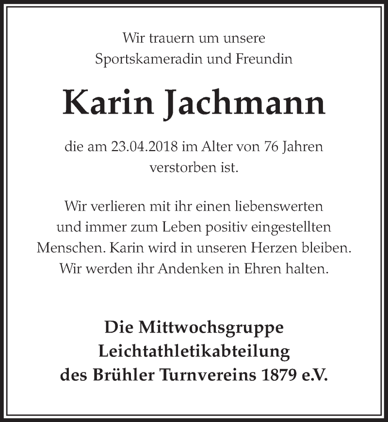  Traueranzeige für Karin Jachmann vom 02.05.2018 aus  Schlossbote/Werbekurier 