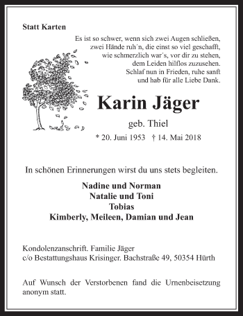 Anzeige von Karin Jäger von  Wochenende 