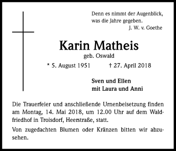 Anzeige von Karin Matheis von Kölner Stadt-Anzeiger / Kölnische Rundschau / Express