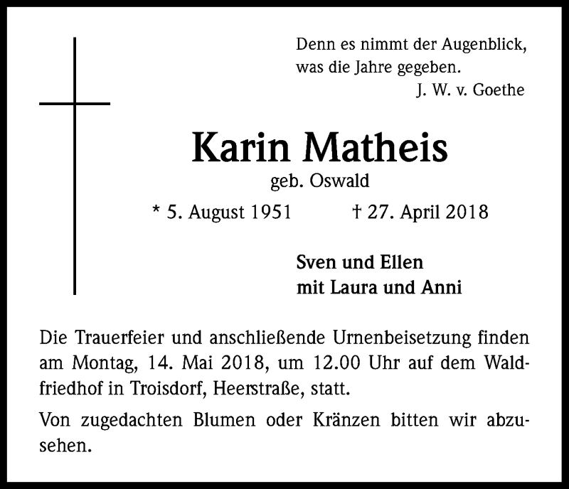  Traueranzeige für Karin Matheis vom 09.05.2018 aus Kölner Stadt-Anzeiger / Kölnische Rundschau / Express