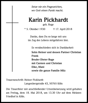 Anzeige von Karin Pickhardt von Kölner Stadt-Anzeiger / Kölnische Rundschau / Express
