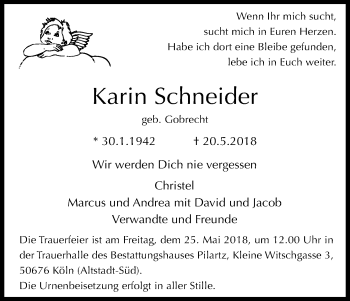 Anzeige von Karin Schneider von Kölner Stadt-Anzeiger / Kölnische Rundschau / Express