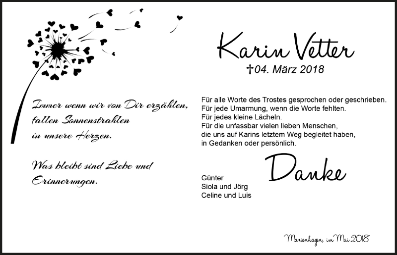  Traueranzeige für Karin Vetter vom 16.05.2018 aus  Anzeigen Echo 