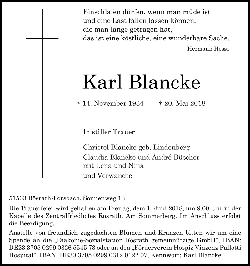  Traueranzeige für Karl Blancke vom 26.05.2018 aus Kölner Stadt-Anzeiger / Kölnische Rundschau / Express