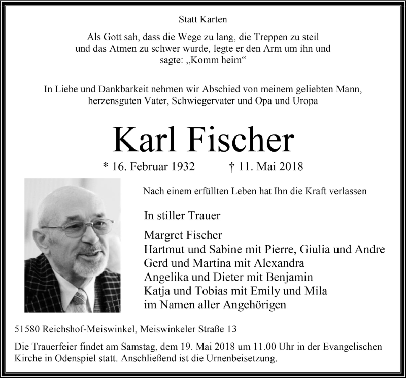  Traueranzeige für Karl Fischer vom 16.05.2018 aus  Lokalanzeiger 