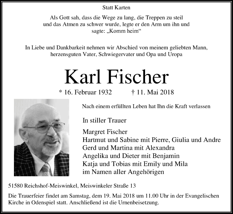  Traueranzeige für Karl Fischer vom 16.05.2018 aus Kölner Stadt-Anzeiger / Kölnische Rundschau / Express
