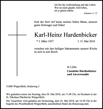 Anzeige von Karl-Heinz Hardenbicker von Kölner Stadt-Anzeiger / Kölnische Rundschau / Express