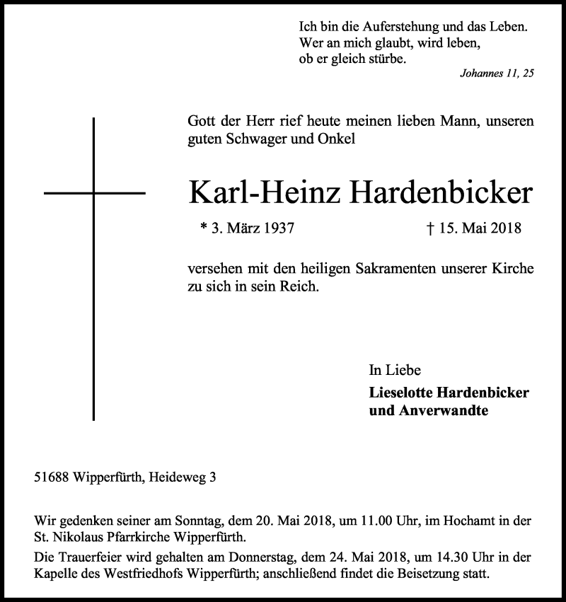  Traueranzeige für Karl-Heinz Hardenbicker vom 17.05.2018 aus Kölner Stadt-Anzeiger / Kölnische Rundschau / Express