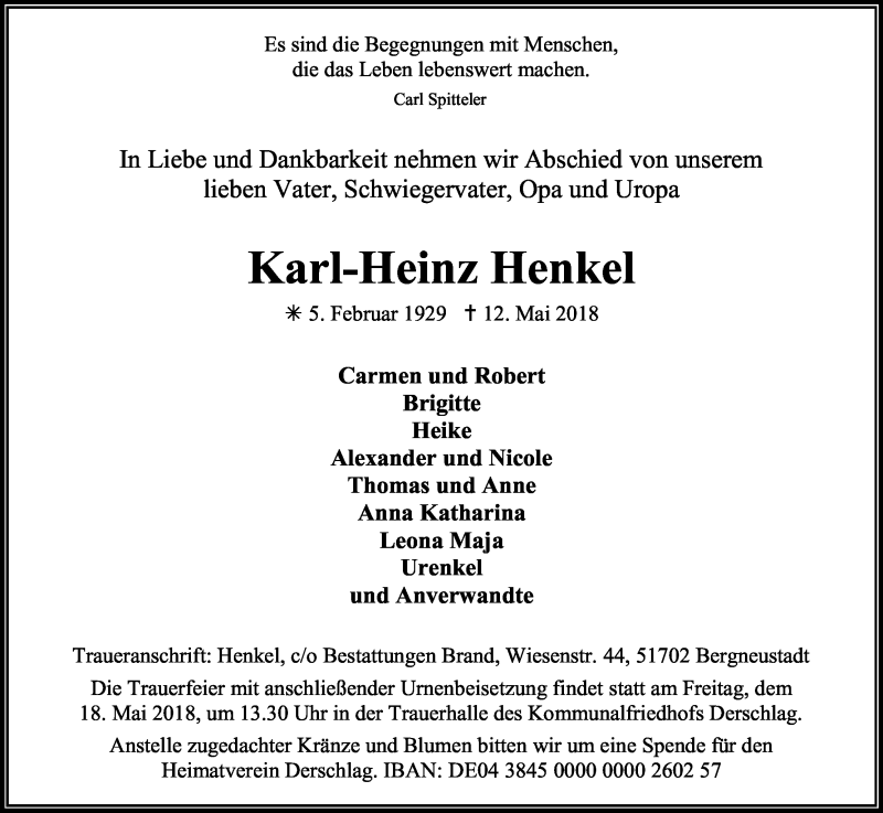  Traueranzeige für Karl-Heinz Henkel vom 15.05.2018 aus Kölner Stadt-Anzeiger / Kölnische Rundschau / Express