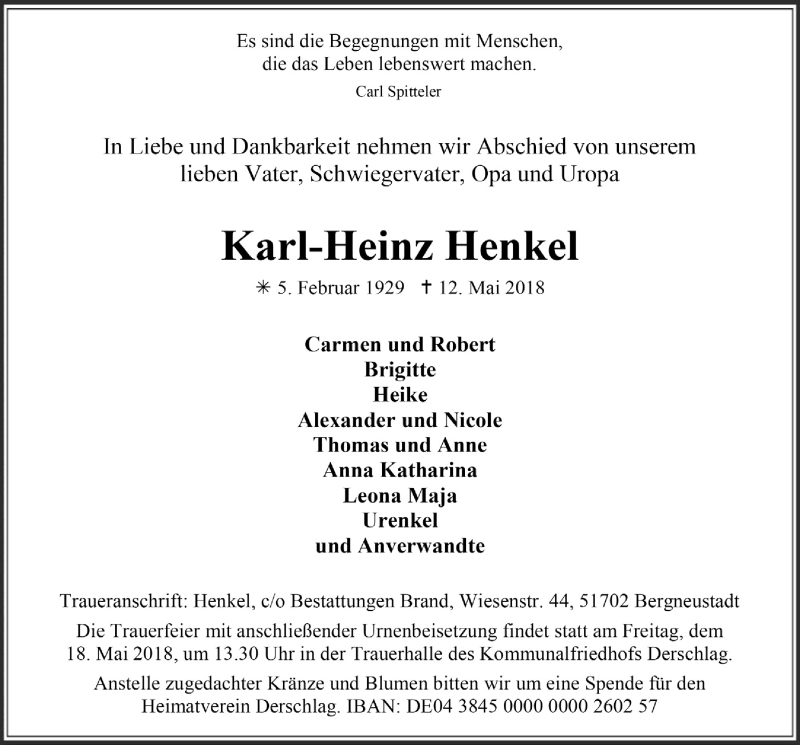  Traueranzeige für Karl-Heinz Henkel vom 16.05.2018 aus  Anzeigen Echo 