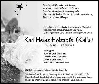 Anzeige von Karl-Heinz  Holzapfel von Kölner Stadt-Anzeiger / Kölnische Rundschau / Express