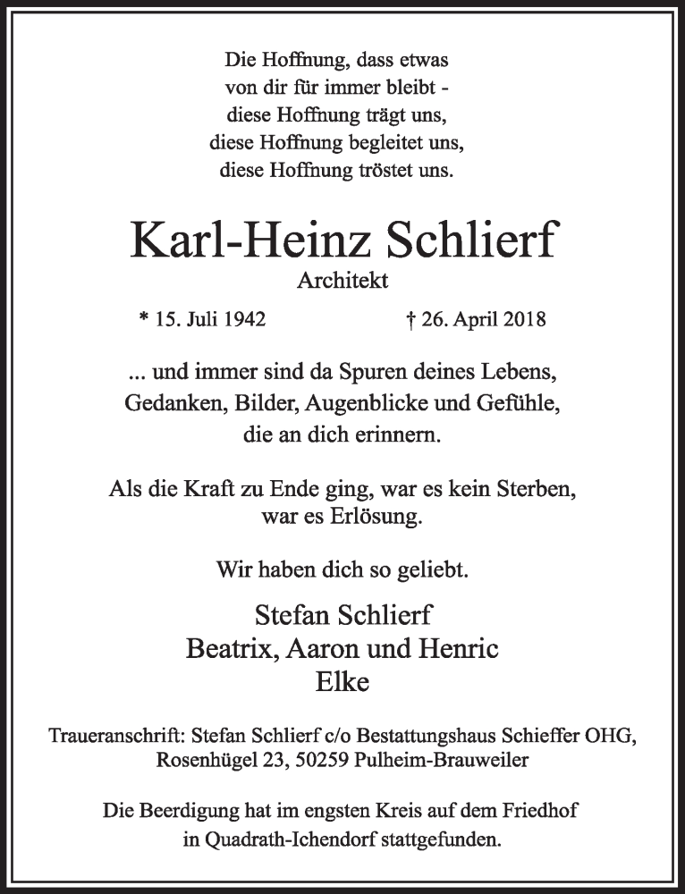  Traueranzeige für Karl-Heinz Schlierf vom 12.05.2018 aus  Sonntags-Post 