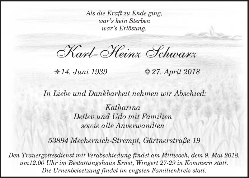  Traueranzeige für Karl-Heinz Schwarz vom 05.05.2018 aus  Blickpunkt Euskirchen 