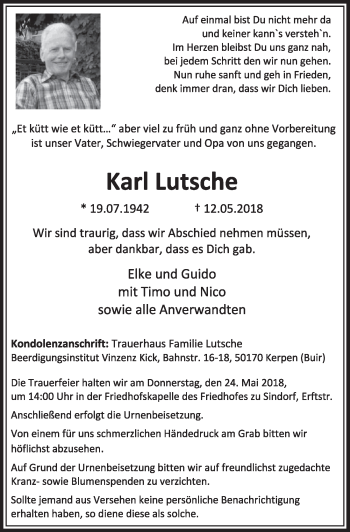 Anzeige von Karl Lutsche von  Sonntags-Post 