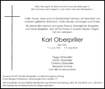 Anzeige von Karl Oberpriller von Kölner Stadt-Anzeiger / Kölnische Rundschau / Express