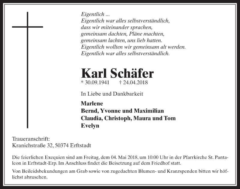  Traueranzeige für Karl Schäfer vom 02.05.2018 aus  Werbepost 